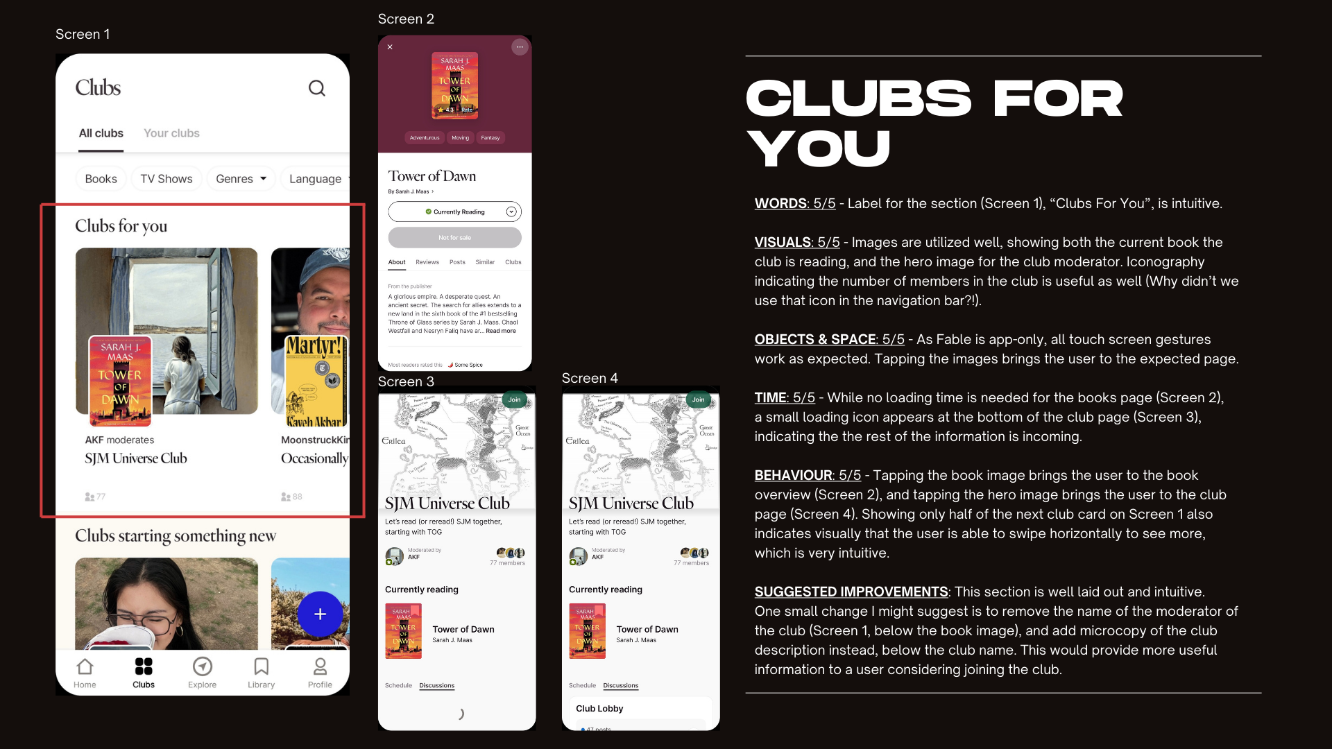 A slideshow image showing the Clubs for You section analysis for reading app Fable